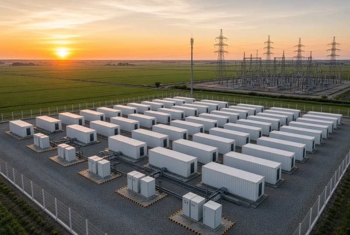 A containerized battery energy storage installation beside a substation at sunset.