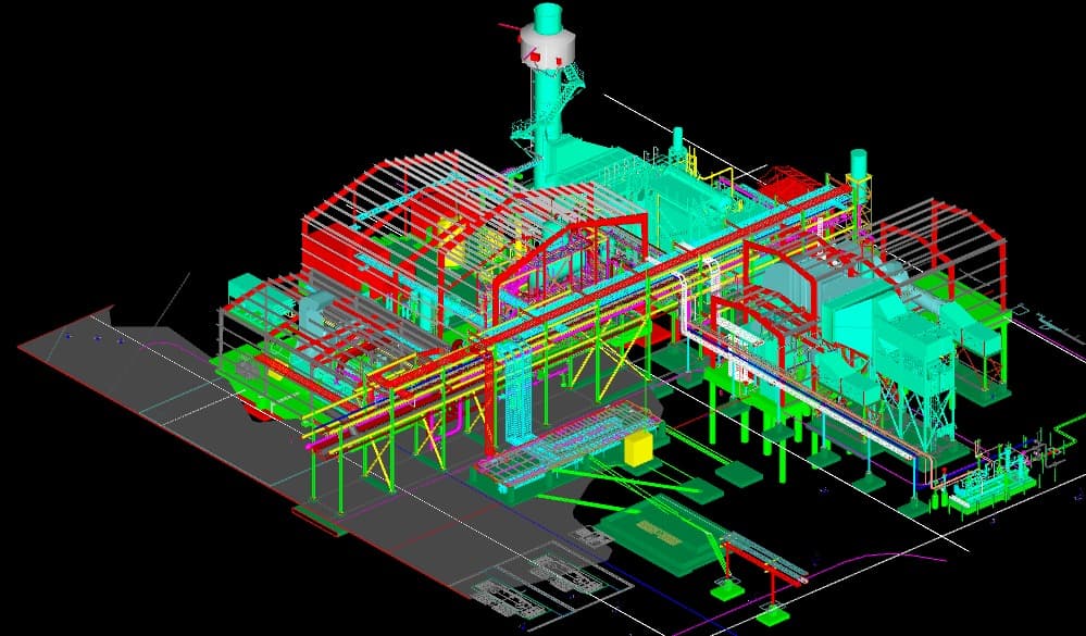 A 3D design model of a combined heat and power plant, piping, steel, and equipment in color.